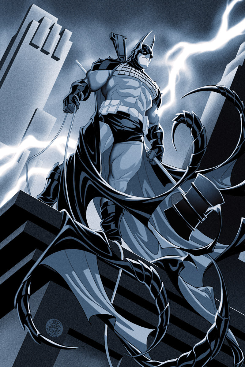 Absolute Batman by Mark Brooks, depicting Batman in a dynamic pose with lightning effects against a dramatic cityscape background.