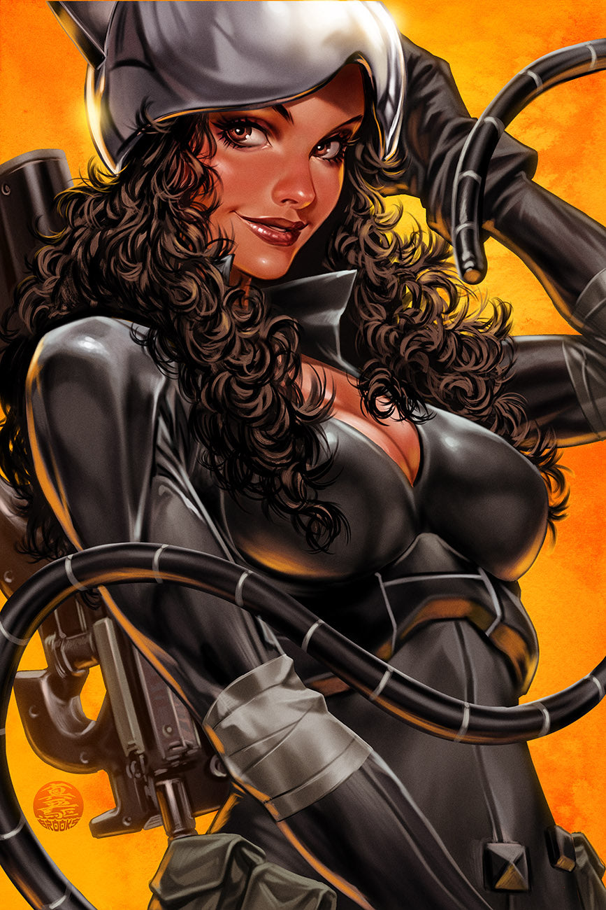Absolute Catwoman illustrated by Mark Brooks, featuring Catwoman in a glossy black suit and helmet, striking a dynamic pose against a vivid orange background.