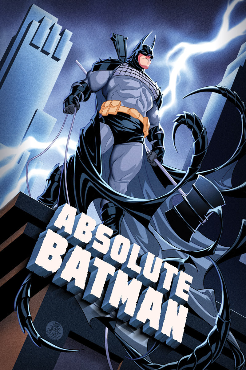 Absolute Batman by Mark Brooks, depicting Batman in a dynamic pose with lightning effects against a dramatic cityscape background.