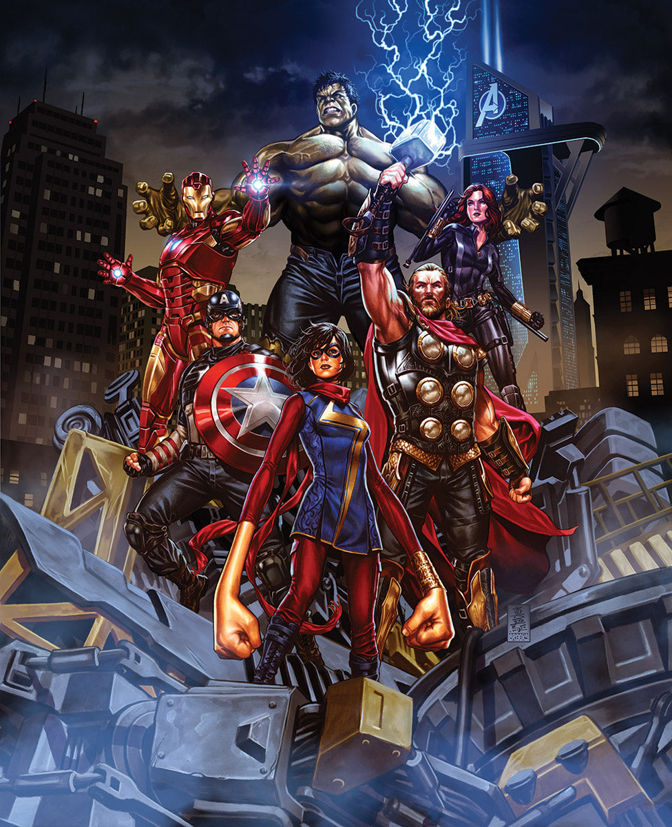 Mark Brooks cover art used for the Avengers (Hulk, Thor, Captain America, Iron Man, Black Widow and Ms. Marvel) video game steelbook case which was used by Playstation, XBox, and the PC. Inkwash, acrylic, and airbrush on watercolor board.